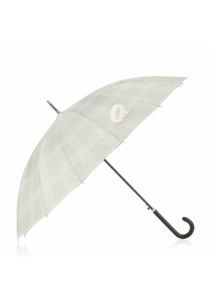 Rechtermuizenkap met een lichtgrijs geruit doek, zwart metalen frame en een gebogen zwarte handgreep. Bevat een witte knop op het doek.