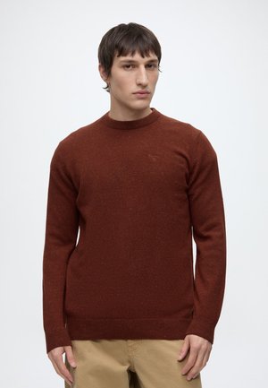 Junger Mann mit kurzen dunklen Haaren, der einen braunen Pullover mit langen Ärmeln und beige Hosen vor einem schlichten weißen Hintergrund trägt.