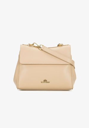 Borsa a mano in pelle beige con chiusura a patta, tracolla regolabile, dettagli in metallo color oro e piccolo logo Wittchen impresso sul davanti.
