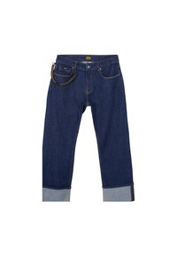 Jeans in denim con un lavaggio blu scuro, caratterizzati da un originale orlo rovesciato in blu chiaro, design classico a cinque tasche e un accessorio a catena.