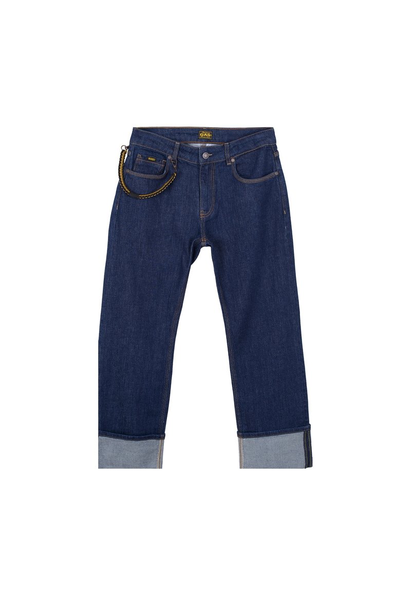 Jeans in denim con un lavaggio blu scuro, caratterizzati da un originale orlo rovesciato in blu chiaro, design classico a cinque tasche e un accessorio a catena.