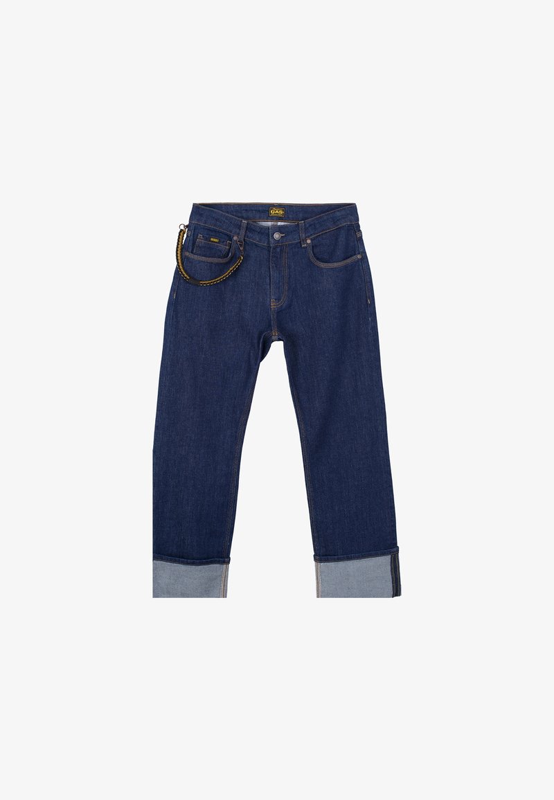 Jeans in denim con un lavaggio blu scuro, caratterizzati da un originale orlo rovesciato in blu chiaro, design classico a cinque tasche e un accessorio a catena.