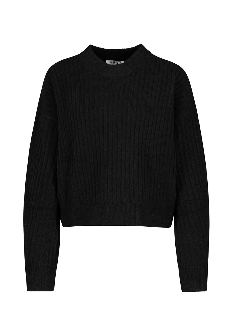 Schwarzer gerippter Strick-Pullover mit langen Ärmeln und Rundhalsausschnitt, entworfen für eine lässige Passform.