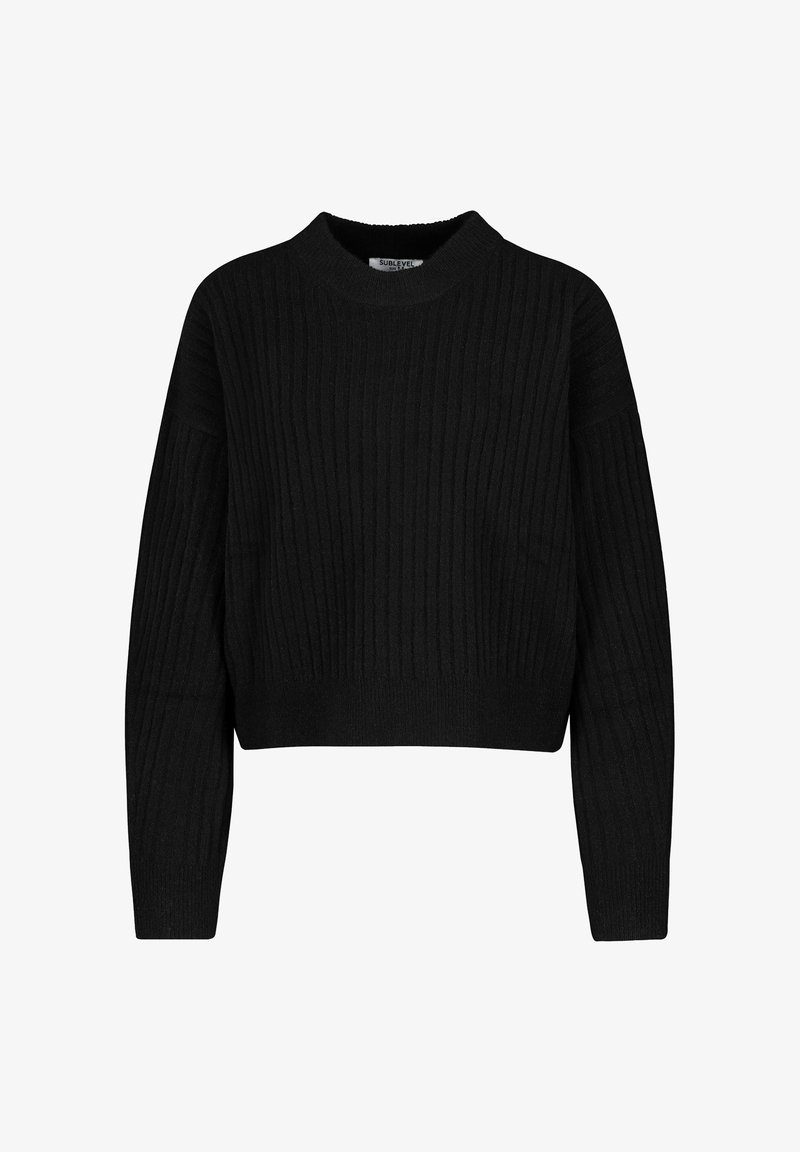 Schwarzer gerippter Strick-Pullover mit langen Ärmeln und Rundhalsausschnitt, entworfen für eine lässige Passform.