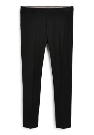 Pantalones negros de tejido suave, corte entallado, cierre frontal con cremallera, dos bolsillos laterales y trabillas en la cintura. Líneas limpias y diseño minimalista.