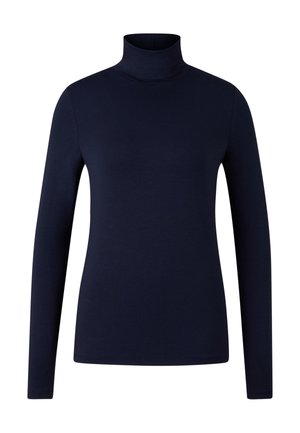 Navyblauwe lange mouwen dames turtleneck top met slim fit en een soepele stoftextuur op een witte achtergrond.
