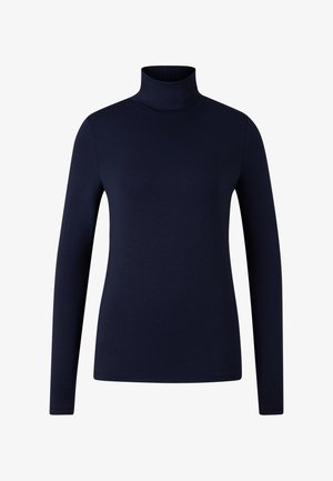 Granatowa, długorękawowa damska bluzka typu golf z dopasowanym krojem i gładką strukturą materiału na białym tle.