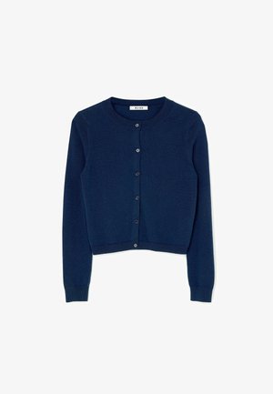 Cardigan in maglia blu navy con maniche lunghe, scollatura tonda e chiusura frontale con sei bottoni. Presenta polsini e orlo a costine.