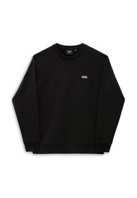 Svart Vans crewneck sweatshirt med långa ärmar och liten vit Vans-logotyp på vänster bröst, visad mot en vit bakgrund.