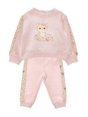 Set pentru copii mici format din bluză roz și pantaloni, cu dungi imprimeu leopard și un pisoi cu model floral în față.