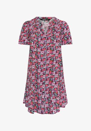 Robe à manches courtes avec fermeture à boutons sur le devant, imprimé floral rose, violet et rouge sur fond noir, avec un col en V.