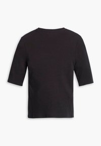T-shirt en coton noir avec des manches courtes et larges ainsi qu'un col rond. Le tissu semble lisse et sans motifs ni détails visibles.