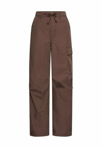 Brown wide-leg pants with a drawstring waist, side cargo pocket, and front side pockets, displayed on a white background.