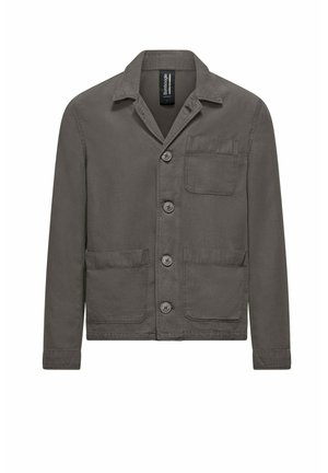 Męska ciemnoszara kurtka zapinana na guziki, z trzema dużymi przednimi kieszeniami, kołnierzem i długimi rękawami.