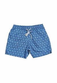 Pantaloni da nuoto blu con motivo a stelle, vita elastica e cordoncino. Realizzati in tessuto leggero adatto per attività acquatiche.