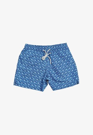 Pantaloni da nuoto blu con motivo a stelle, vita elastica e cordoncino. Realizzati in tessuto leggero adatto per attività acquatiche.