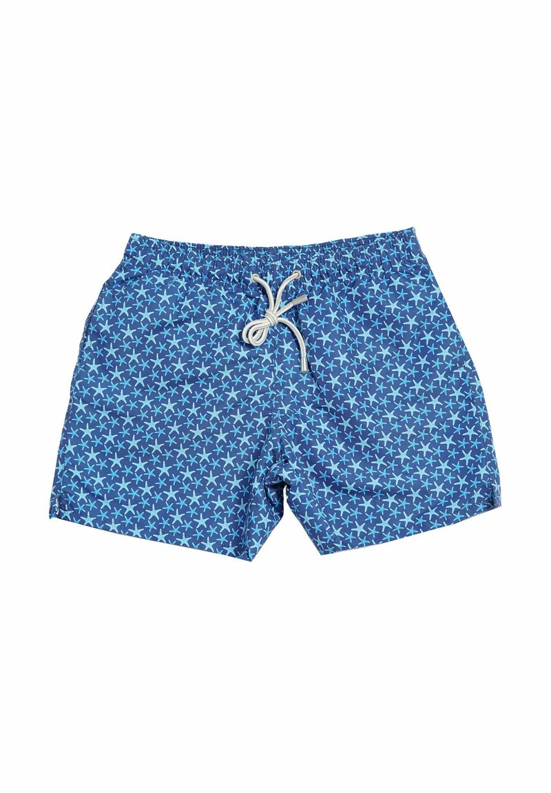 Pantaloni da nuoto blu con motivo a stelle, vita elastica e cordoncino. Realizzati in tessuto leggero adatto per attività acquatiche.
