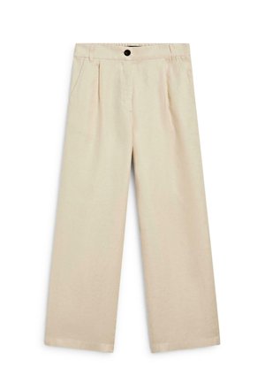 Béžové široké kalhoty s předními sklady, bočními kapsami, poutky na pásek a černým knoflíkem v pase.