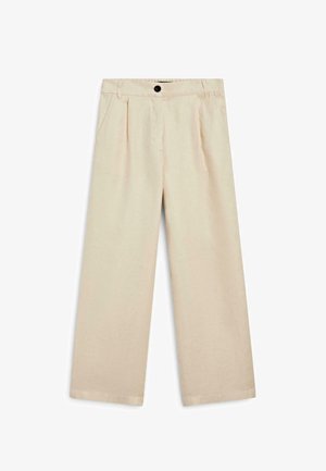 Beige wijde broek met plooien aan de voorkant, zijzakken, ceintuurlussen en een zwarte knoopsluiting in de taille.