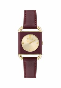 Rektangulær Furla ur med guld-tonet kasse, burgunder læderrem, guld-finish skive og minimalistiske timemarkører.