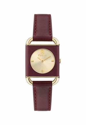 Rechthoekig Furla-horloge met een gouden kast, bordeauxleren band, goudkleurige wijzerplaat en minimalistische uurmarkeringen.