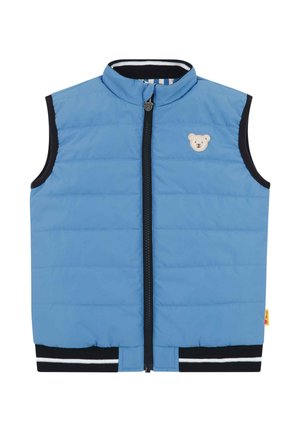 Blue sleeveless padded vest with front zipper, black trim on armholes and hem, and small beige teddy bear patch on chest.
