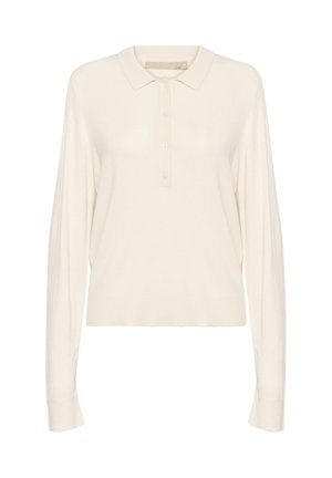 Tejfehér, hosszúujjú pólóing, puha k�ötött anyagból készült, bordázott gallérral, négy gombos záródással és laza szabással. Sima tapintású.