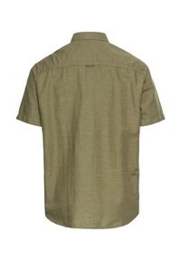 Korte mouwen, olijfgroene knoopshirt. Lichtgewicht stof met een subtiele textuur. Platte kraag en korte mouwen met een afgeronde zoom.