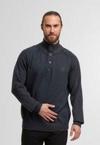 Maglione lavorato a maglia di un blu scuro con colletto alto, patta con quattro bottoni e polsini e orlo a coste. Tessuto morbido con un motivo sottile.