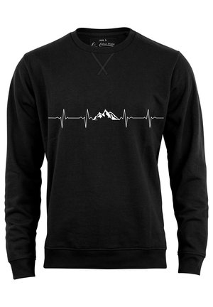 Schwarzes Sweatshirt aus Baumwolle mit langen Ärmeln. Mit einer weißen Herzschlaglinie und einer Bergsilhouette, die über die Brust gedruckt ist.