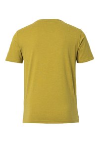 Korte mouwen t-shirt in een mosterdgele kleur, gemaakt van zachte stof met een ronde halslijn en een rechte onderrand. Geen zichtbare logo's.