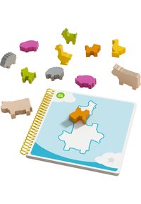 Wooden animal-shaped puzzle pieces in various colors (gray, pink, green, yellow, orange) alongside a spiral-bound activity booklet.