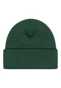Bonnet en tricot vert à finition texturée, avec un revers replié en bas et un sommet lisse et arrondi.