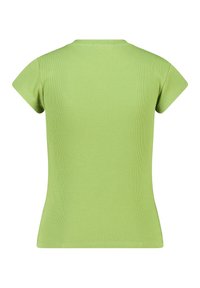 Green ribbed short-sleeve t-shirt featuring a round neckline, fitted silhouette, and smooth texture. Back view shows simple design without embellishments.