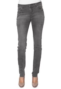 Grijze spijkerbroek van denim met een slanke pasvorm, steekzakken aan de voorkant en een knoopsluiting. Heeft een gladde textuur en subtiele stiksel details.