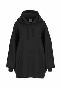 Felpa nera oversize in tessuto morbido, con ampia tasca a marsupio, coulisse e polsini a costine per un comfort extra.