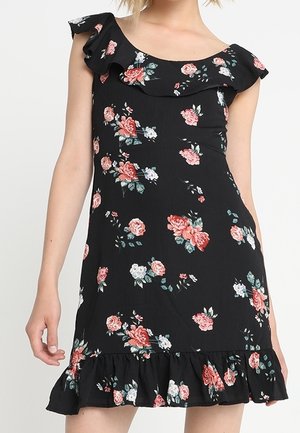 Sort blomsterkjole med rynket halsudskæring og ærmer, prydet med lyserøde og hvide roser samt en flæset kant. Letvægts stof.