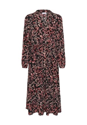 Pikad varrukad must kleit, millel on lilleline muster roosa ja punase tooni. Omab kraed, nööbid ees ja voolavat seelikut. Kerge kangas.