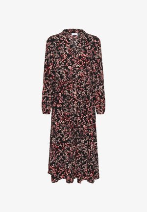 Pikad varrukad must kleit, millel on lilleline muster roosa ja punase tooni. Omab kraed, nööbid ees ja voolavat seelikut. Kerge kangas.