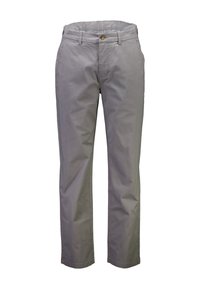 Lichtgrijze katoenen broek met een rechte pijp, voorzien van een ritssluiting, knoopsluiting en steekzakken aan de zijkant. Soepele textuur met minimale details.