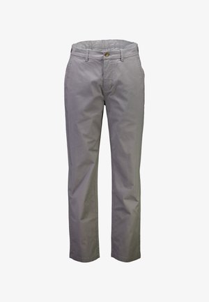 Hellgraue Baumwollhosen mit geradem Bein, ausgestattet mit einem Reißverschluss, Knopfverschluss und Seitentaschen. Glatte Textur mit minimalen Details.