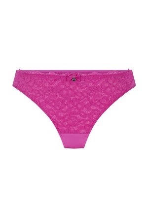 Roze kanten string met bloemmotief, voorzien van een gladde tailleband en een klein strikje aan de voorkant. Getextureerd en semi-transparant.