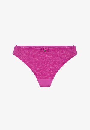 Pink lace thong with floral pattern, featuring a smooth waistband and a small bow accent at the front. Textured and semi-sheer.