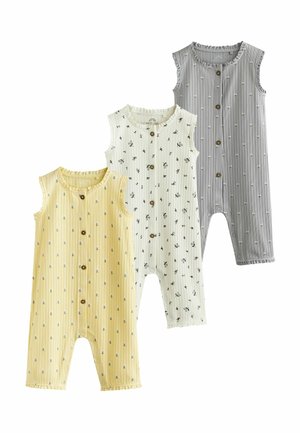 Gelbe, weiße und graue ärmellose Baby-Strampler mit kleinen Blumenmustern und vorderen Knopfverschlüssen, nebeneinander auf einem weißen Hintergrund angeordnet.