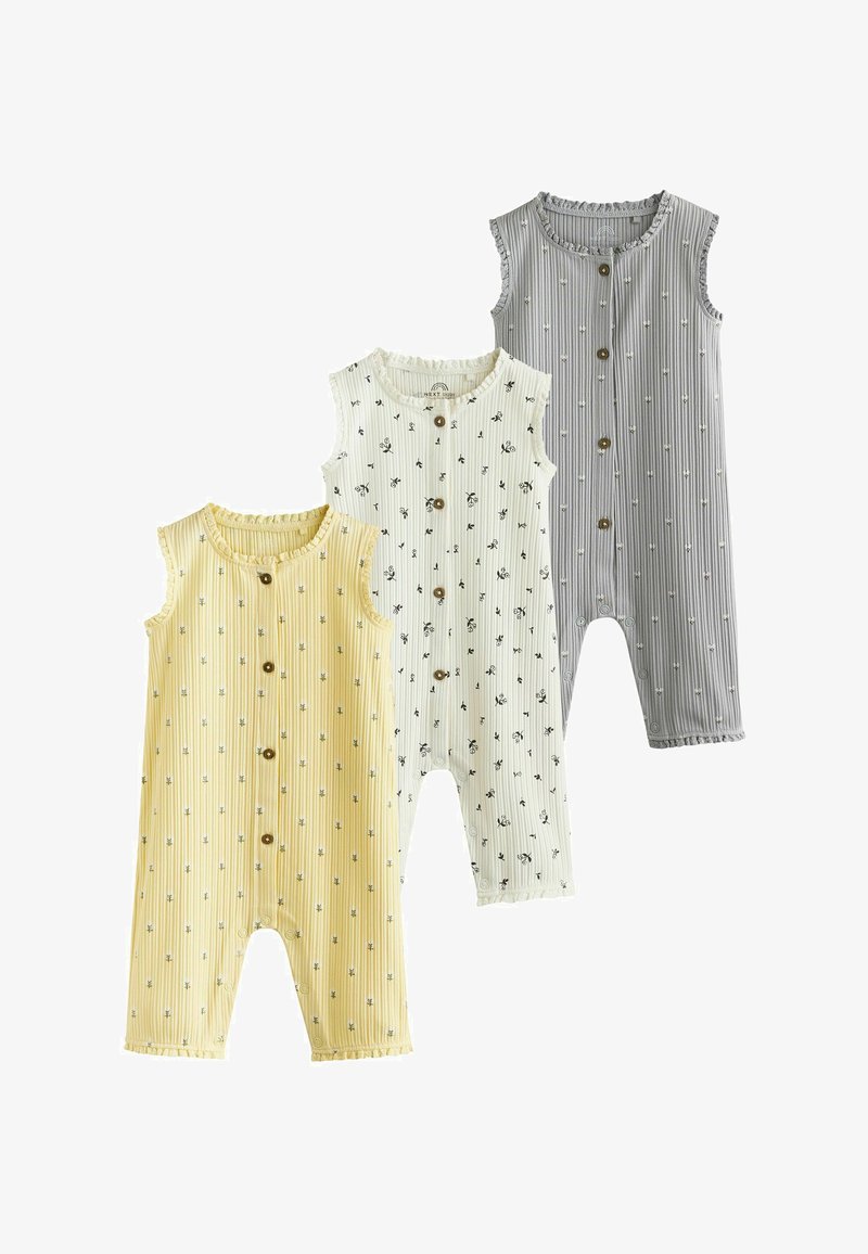 Barboteuses sans manches pour bébé en jaune, blanc et gris avec de petits motifs floraux et des fermetures à boutons sur le devant, disposées côte à côte sur un fond blanc.