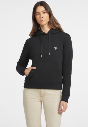 Black hoodie made of soft material, featuring a front pocket, drawstrings, and a small triangular logo on the chest.