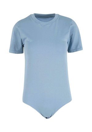 Bodysuit de color azul claro con mangas cortas, escote redondo y textura suave. Cuenta con un diseño ajustado y un cierre a presión en la parte inferior.