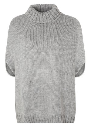 Szary dzianinowy ponczo z krótkim rękawem, wyposażony w prążkowany wysoki kołnierz i dół, z szerokimi otworami na ramiona i luźnym, pudełkowatym krojem.