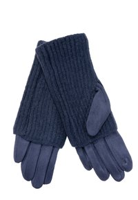 Marineblaue Handschuhe aus strukturiertem Strickmaterial mit glatten Kunstlederakzenten auf den Handflächen und Fingern. Rippdesign und enge Passform.