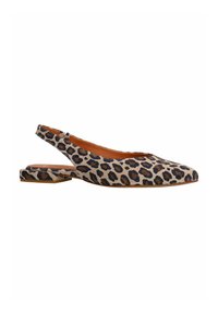 Leopard-print slingback ballet flats met een spitse neus, zachte stoftextuur en een platte, vierkante hak in neutrale tinten van beige en bruin.